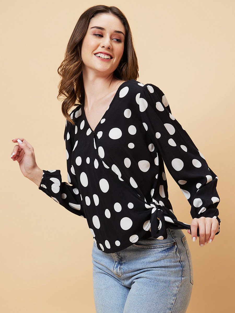 Polka Dots Print Tie-Up Wrap Top