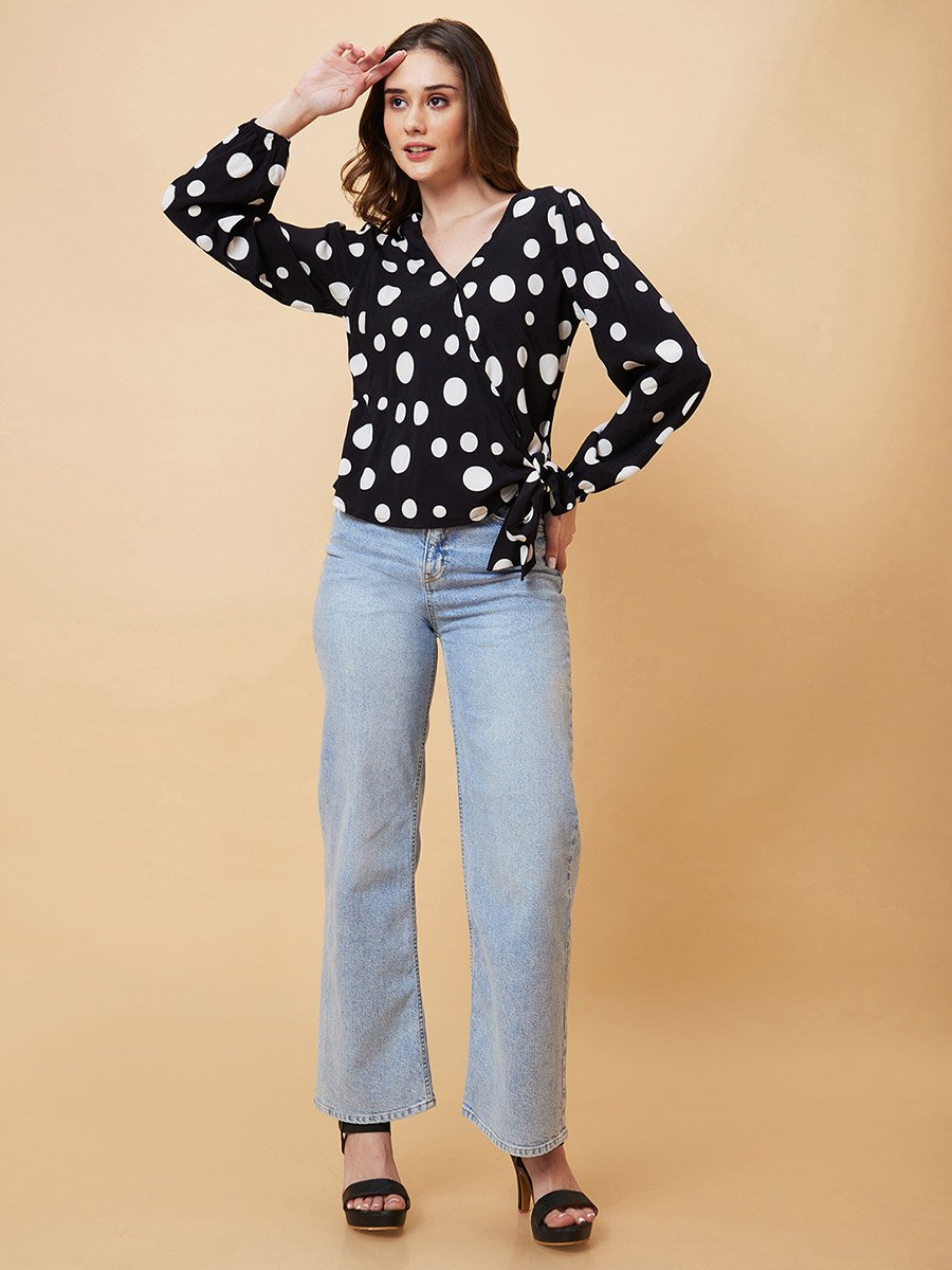 Polka Dots Print Tie-Up Wrap Top