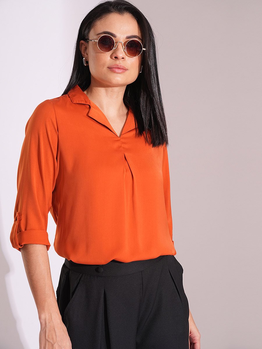 Solid Roll Up Sleeve Regular Fit Top