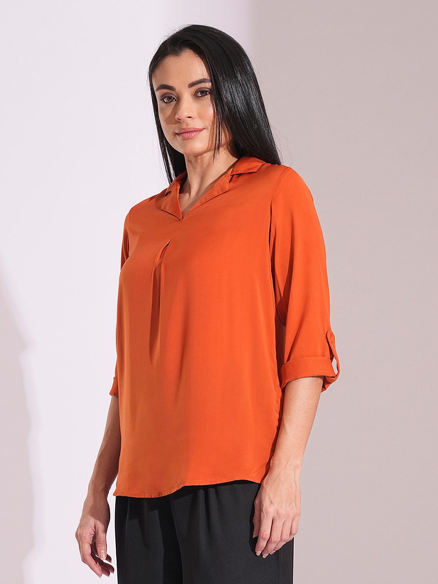 Solid Roll Up Sleeve Regular Fit Top