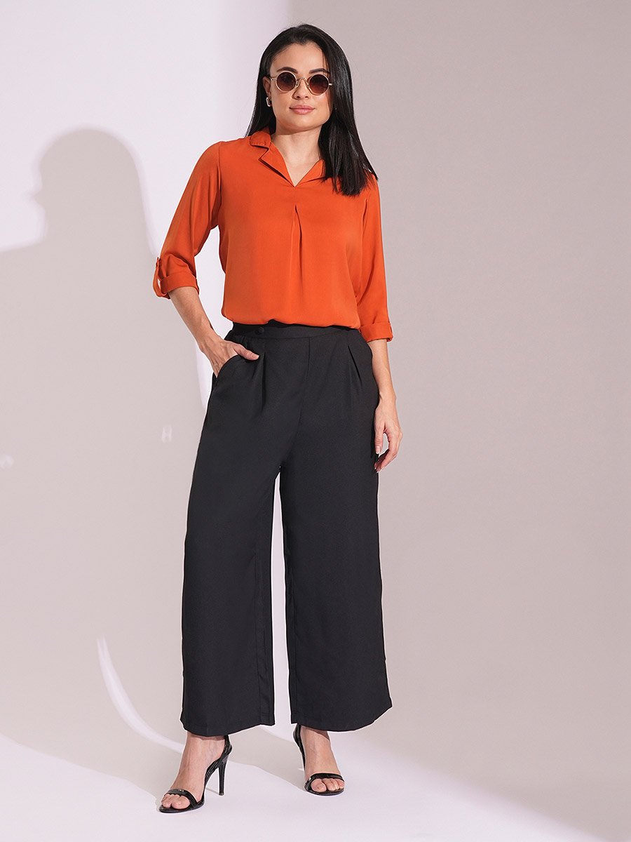 Solid Roll Up Sleeve Regular Fit Top