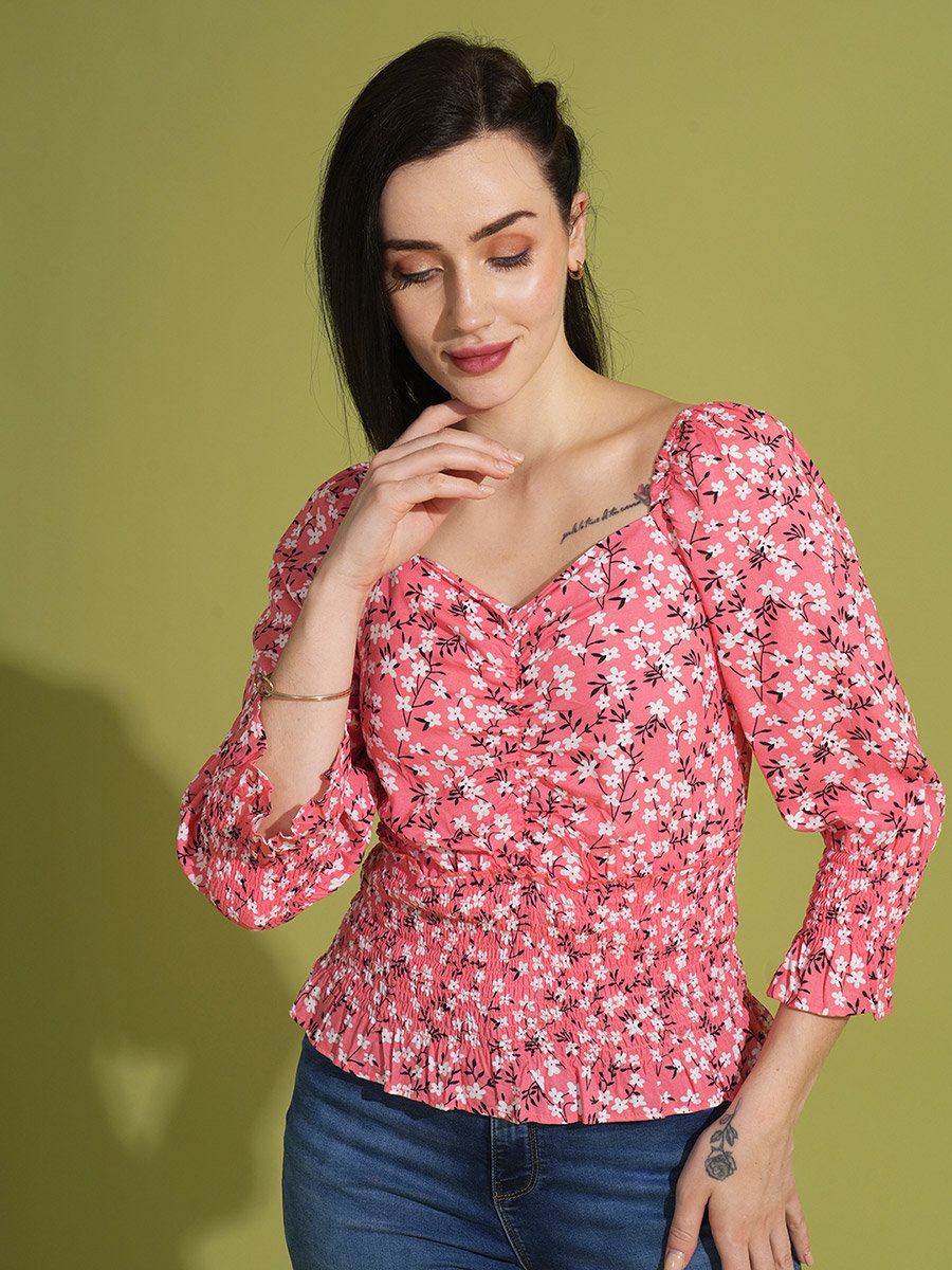 Floral Printed Sweetheart Neck Ruched Detail Top