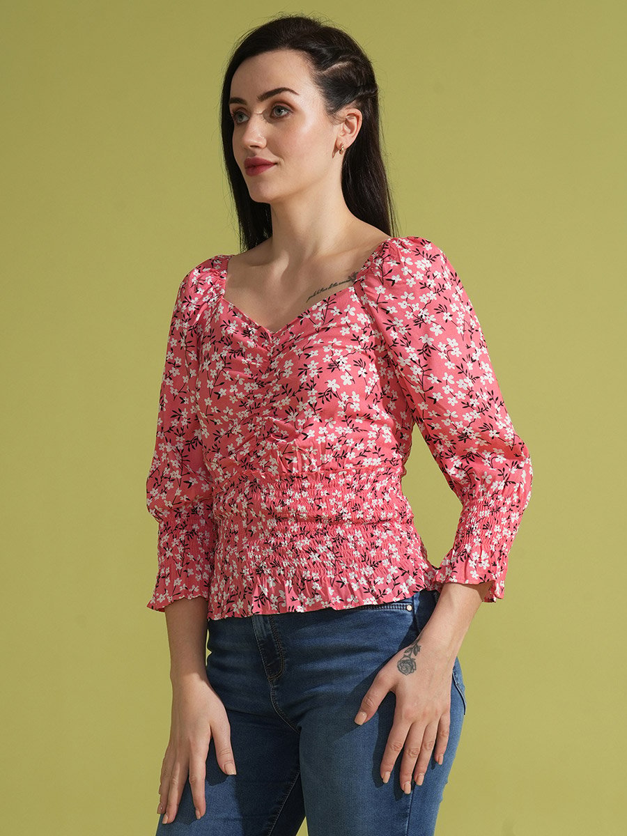 Floral Printed Sweetheart Neck Ruched Detail Top
