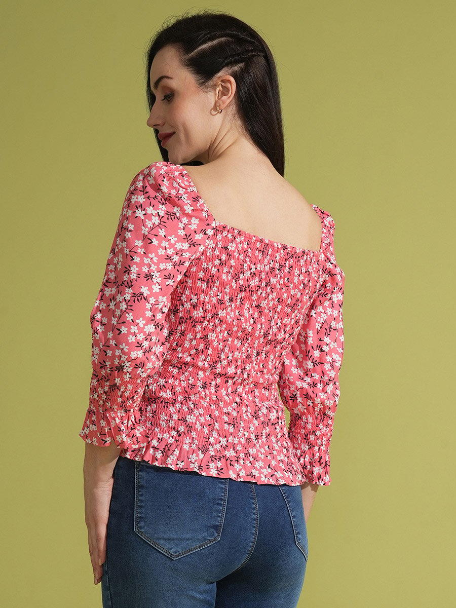Floral Printed Sweetheart Neck Ruched Detail Top