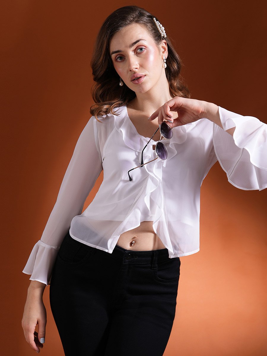 Ruffled Detail Tie-Up Neck Crop Top