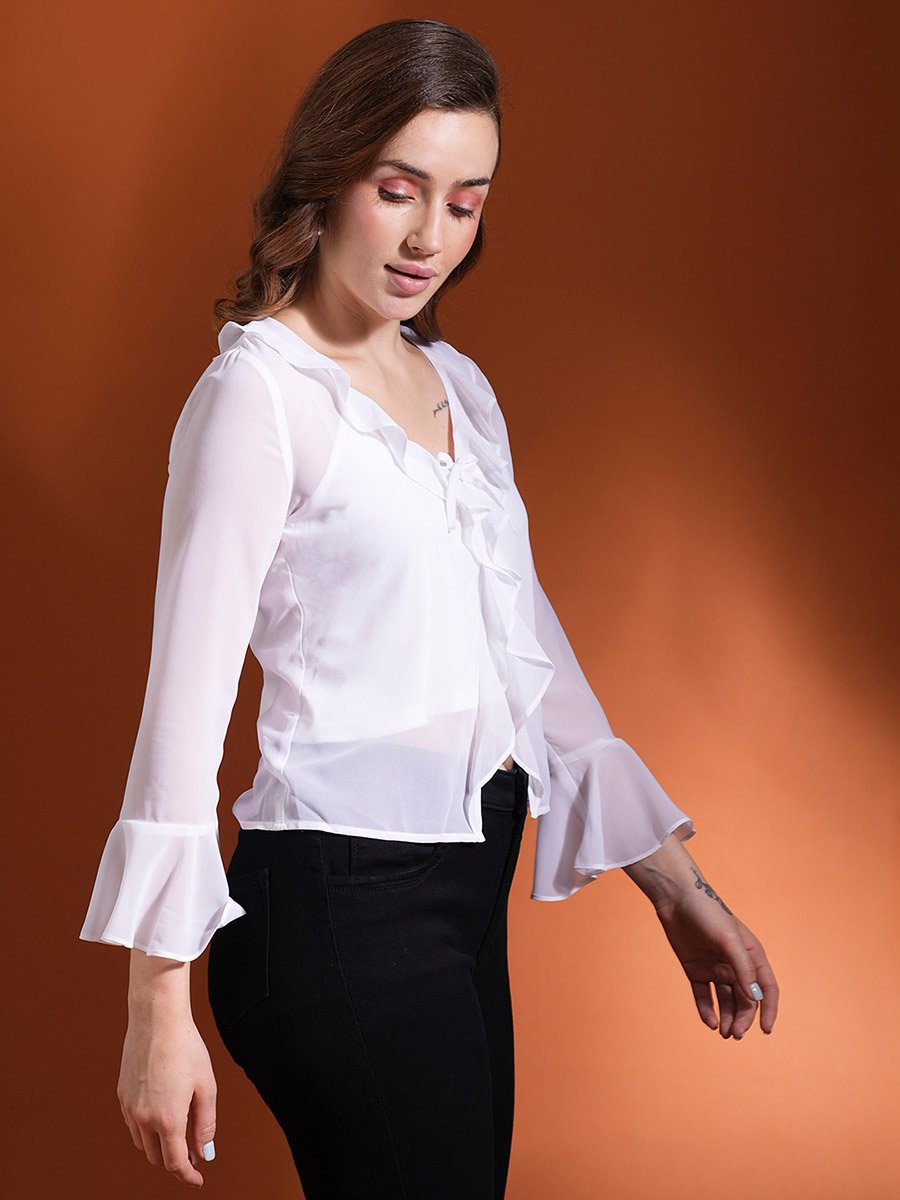 Ruffled Detail Tie-Up Neck Crop Top