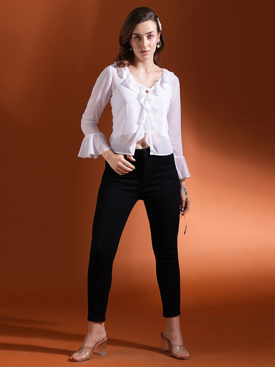 Ruffled Detail Tie-Up Neck Crop Top