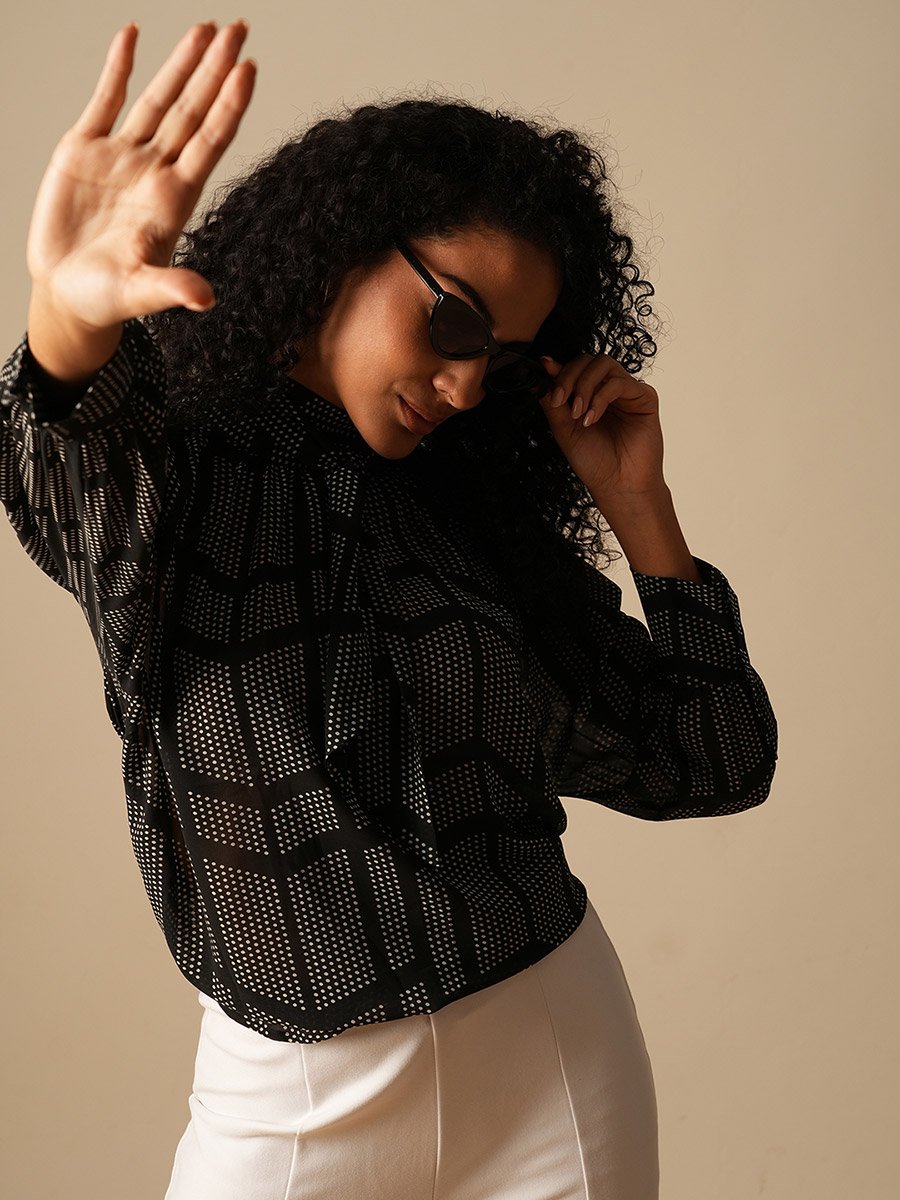Printed High Neck Balloon Sleeves Top