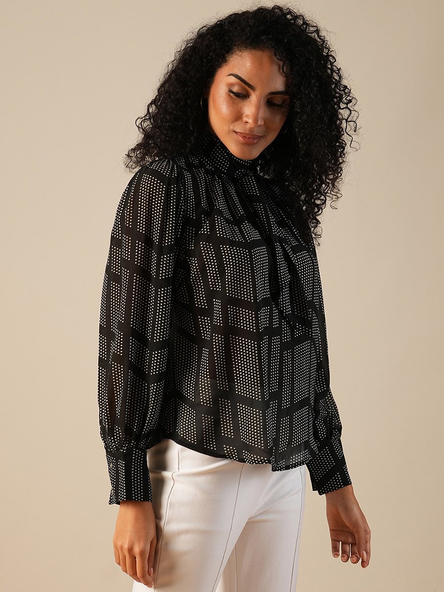 Printed High Neck Balloon Sleeves Top