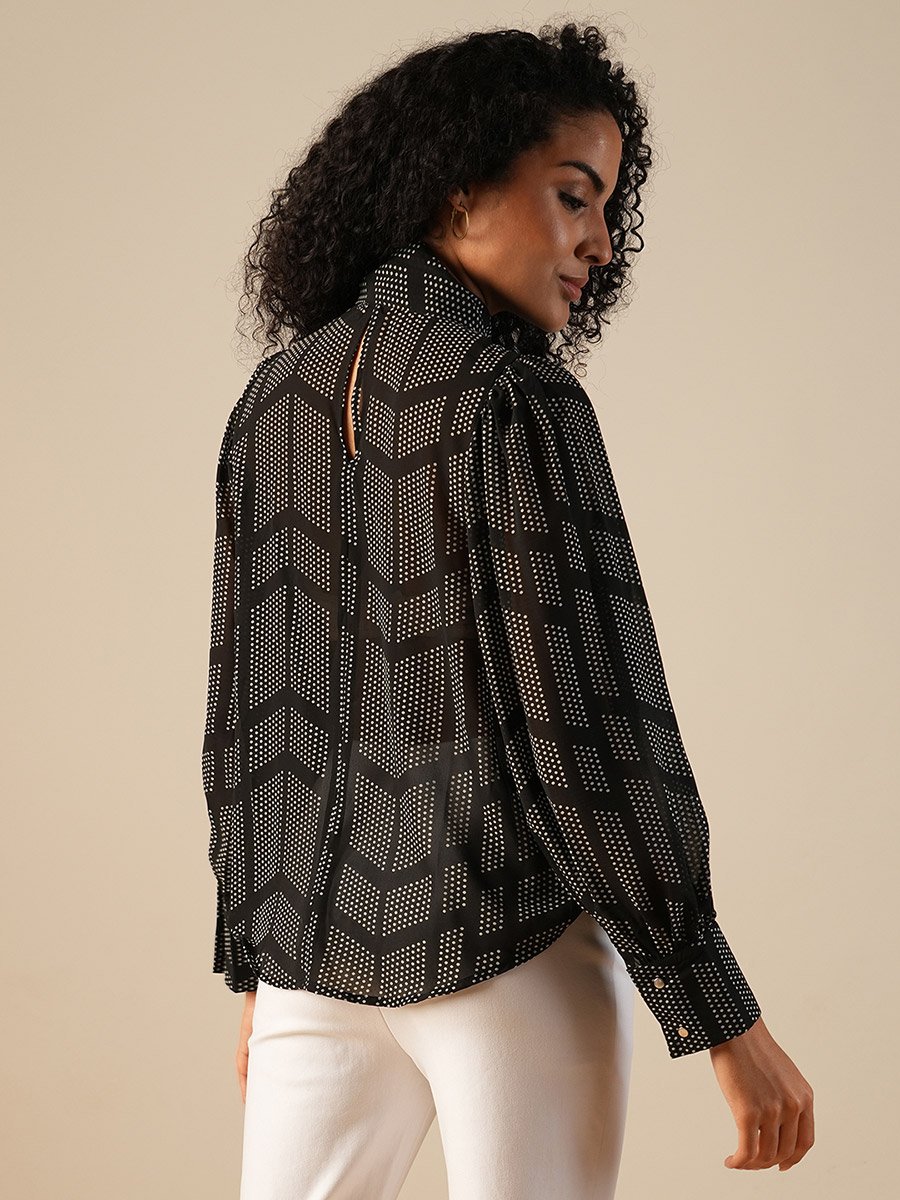 Printed High Neck Balloon Sleeves Top