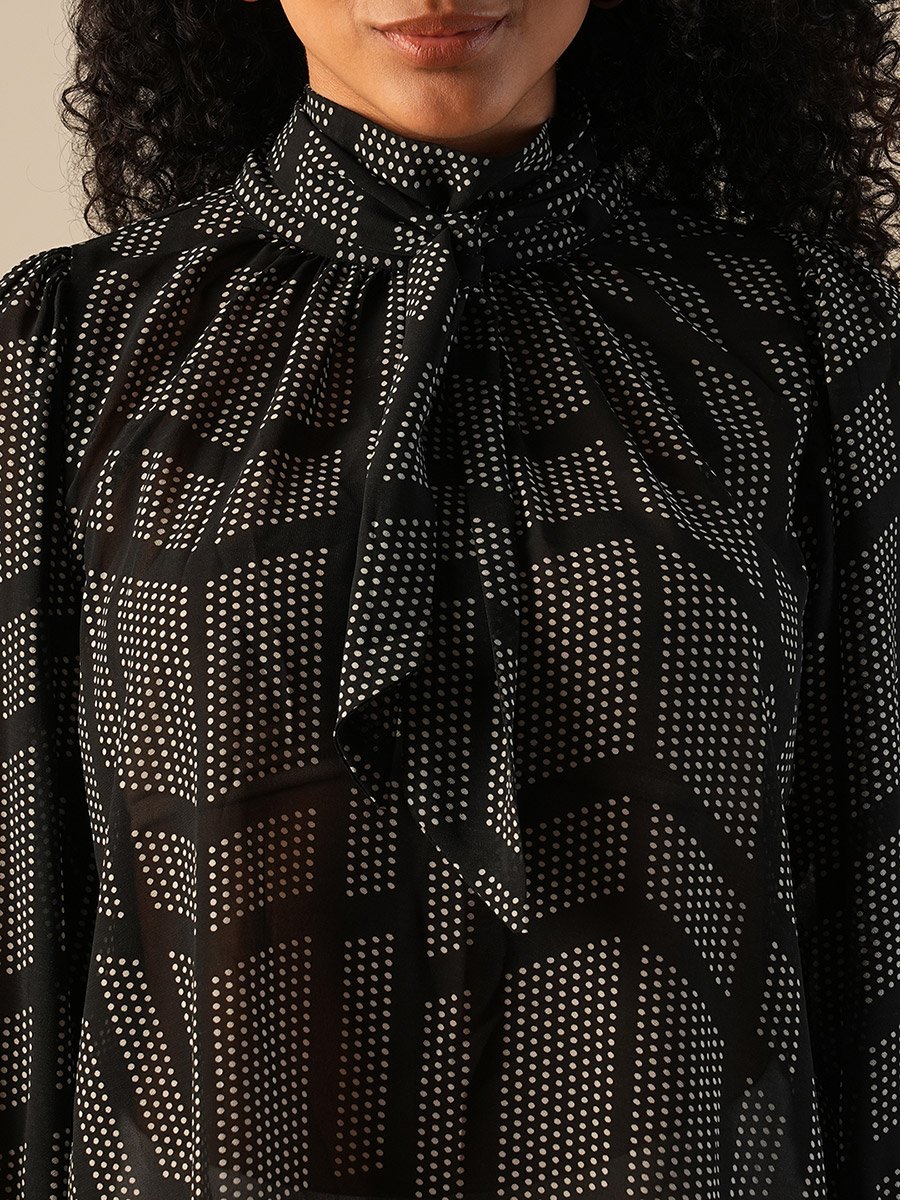 Printed High Neck Balloon Sleeves Top