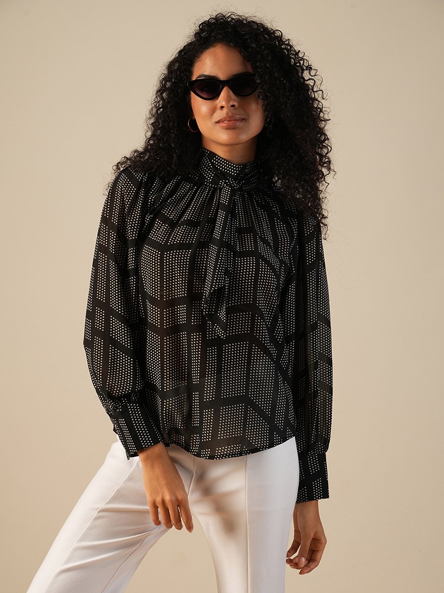 Printed High Neck Balloon Sleeves Top