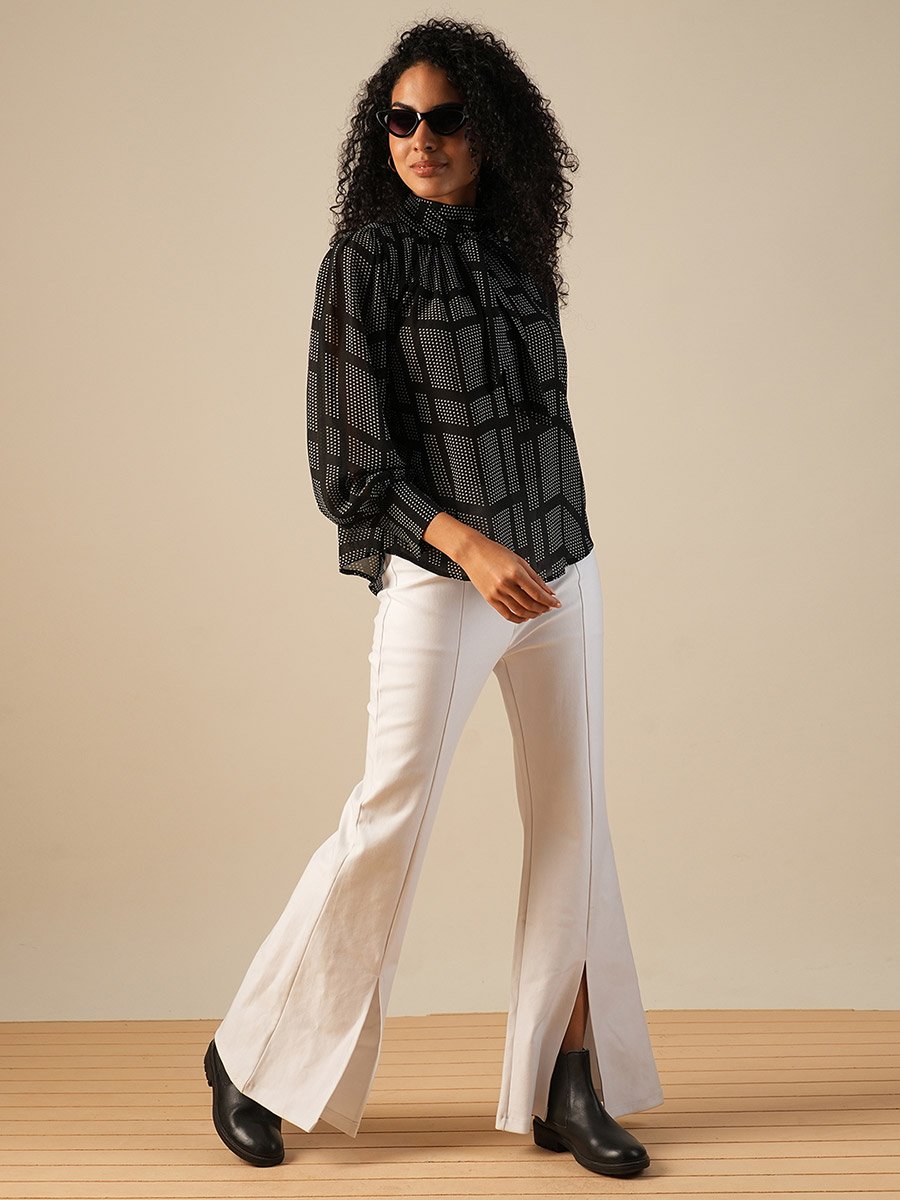 Printed High Neck Balloon Sleeves Top