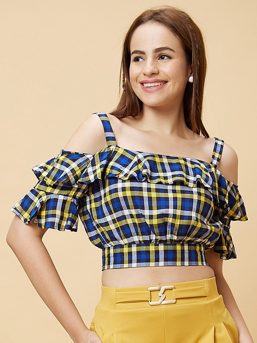 Checked Off Shoulder Ruffled Crop Top