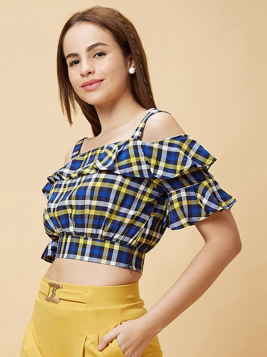 Checked Off Shoulder Ruffled Crop Top