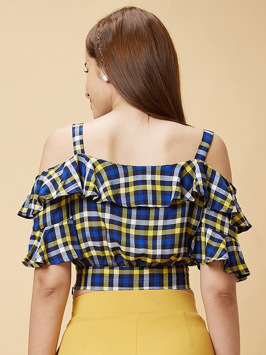 Checked Off Shoulder Ruffled Crop Top