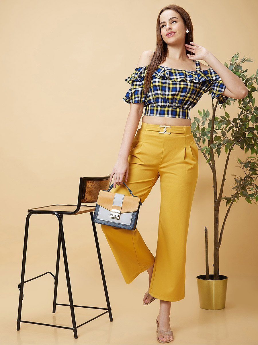 Checked Off Shoulder Ruffled Crop Top