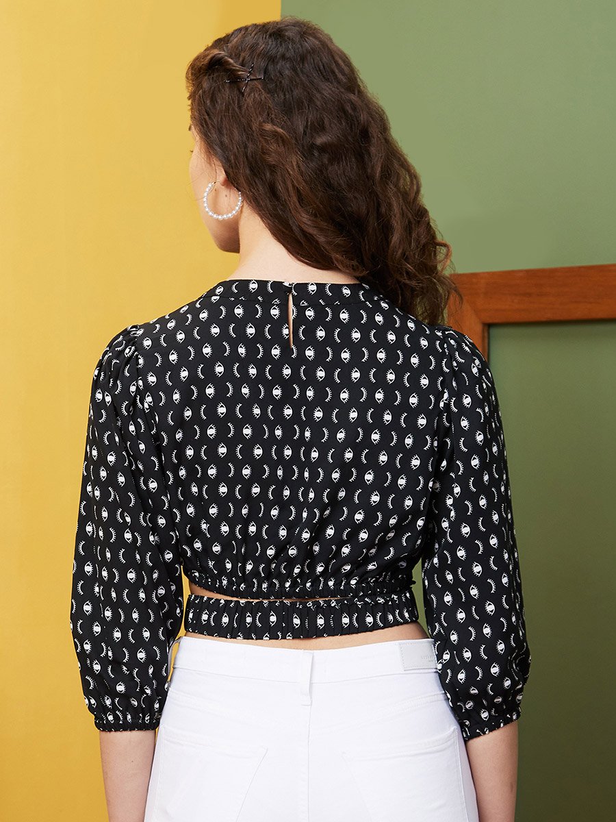 Abstract Print Round Neck Puff Sleeves Crop Top