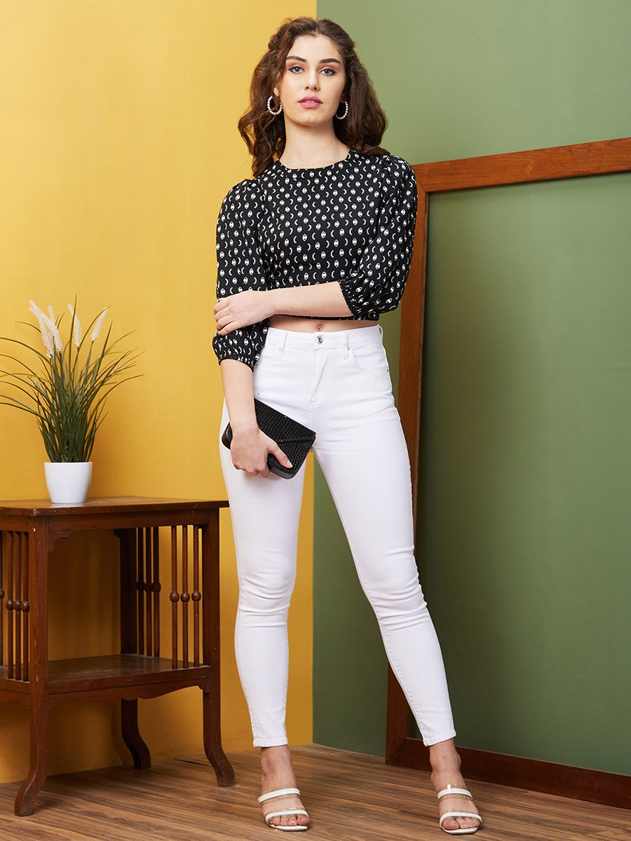 Abstract Print Round Neck Puff Sleeves Crop Top
