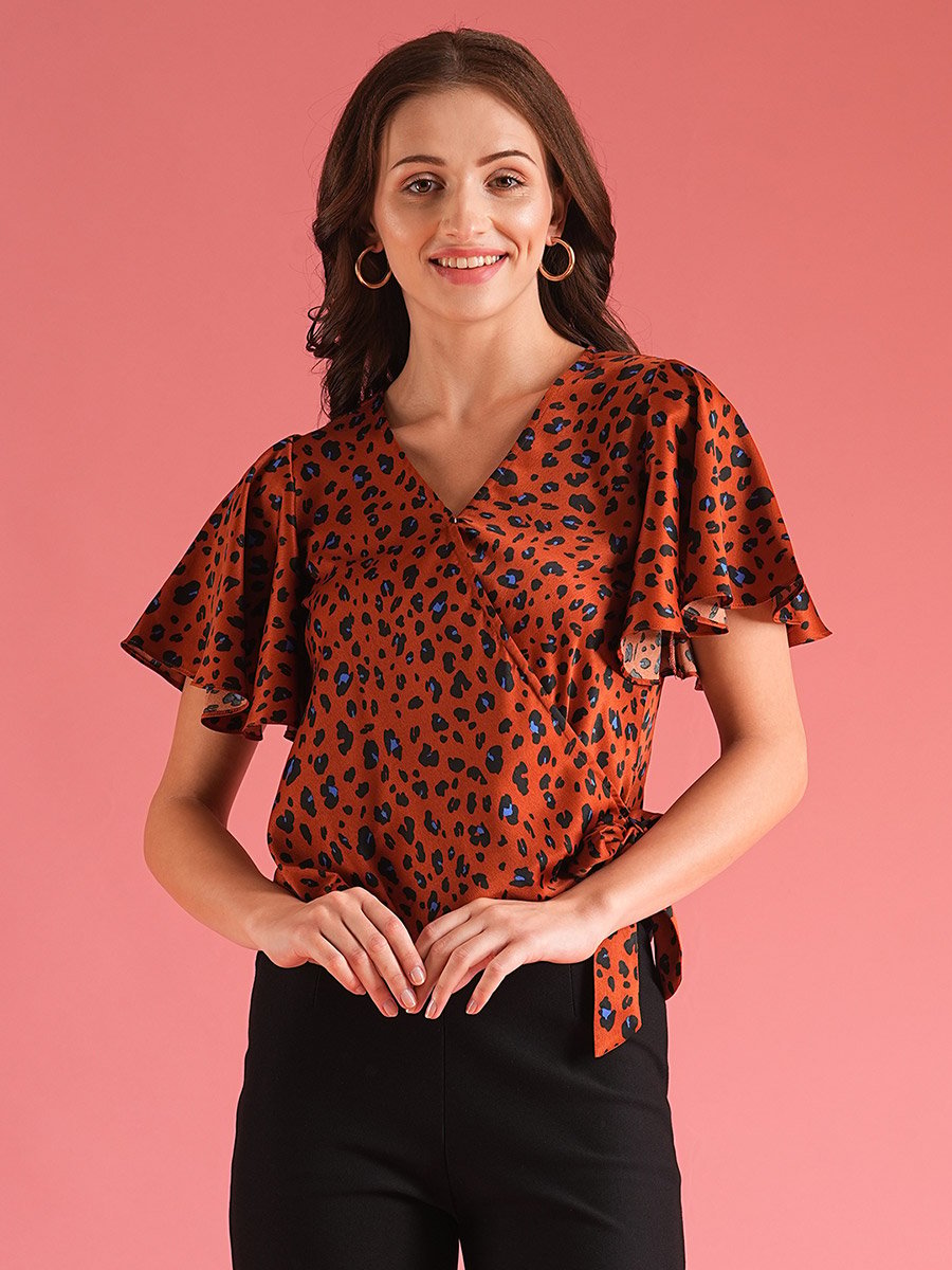 Women Brown Animal Print Flared Sleeves Wrap Top