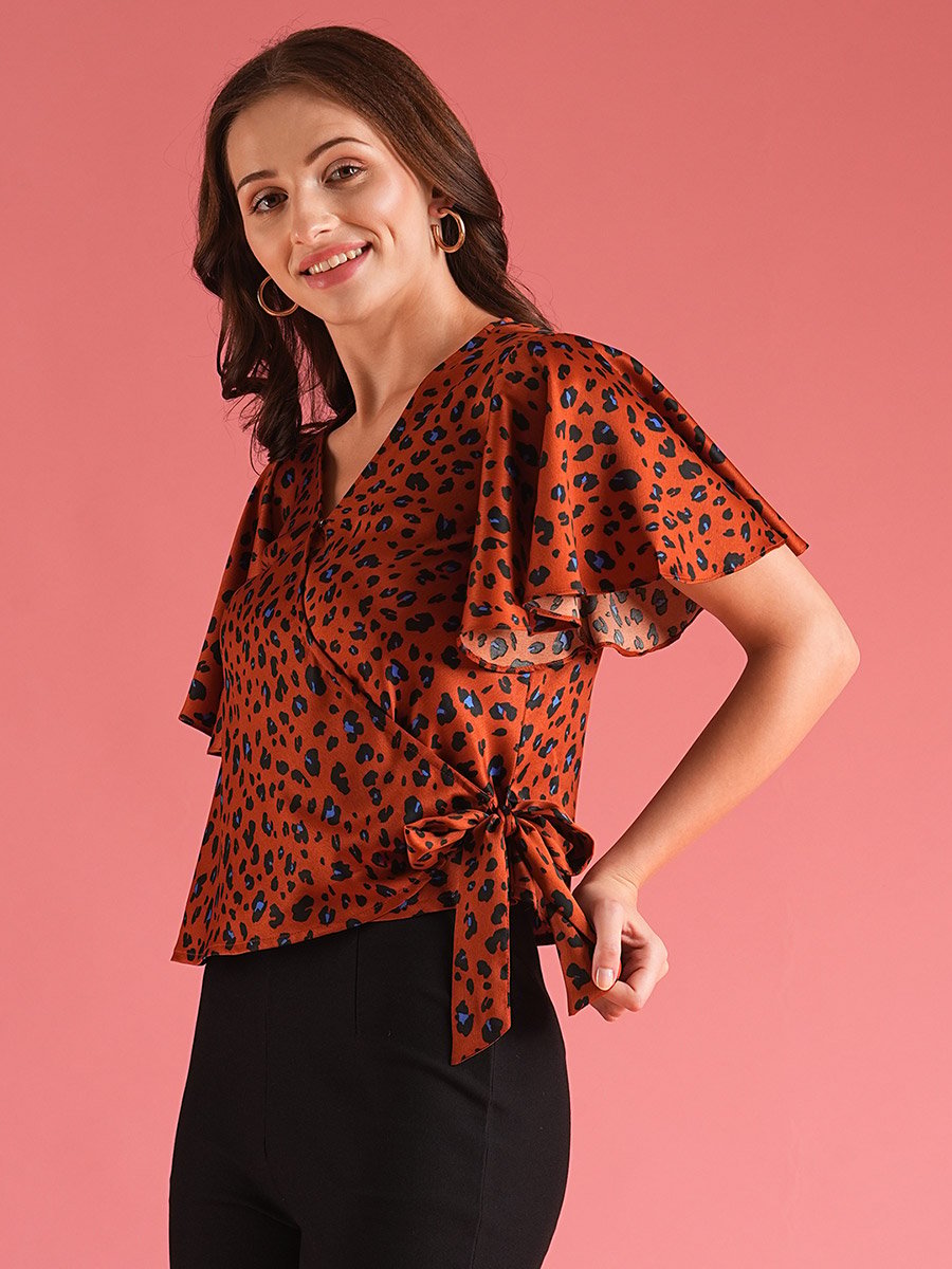 Women Brown Animal Print Flared Sleeves Wrap Top