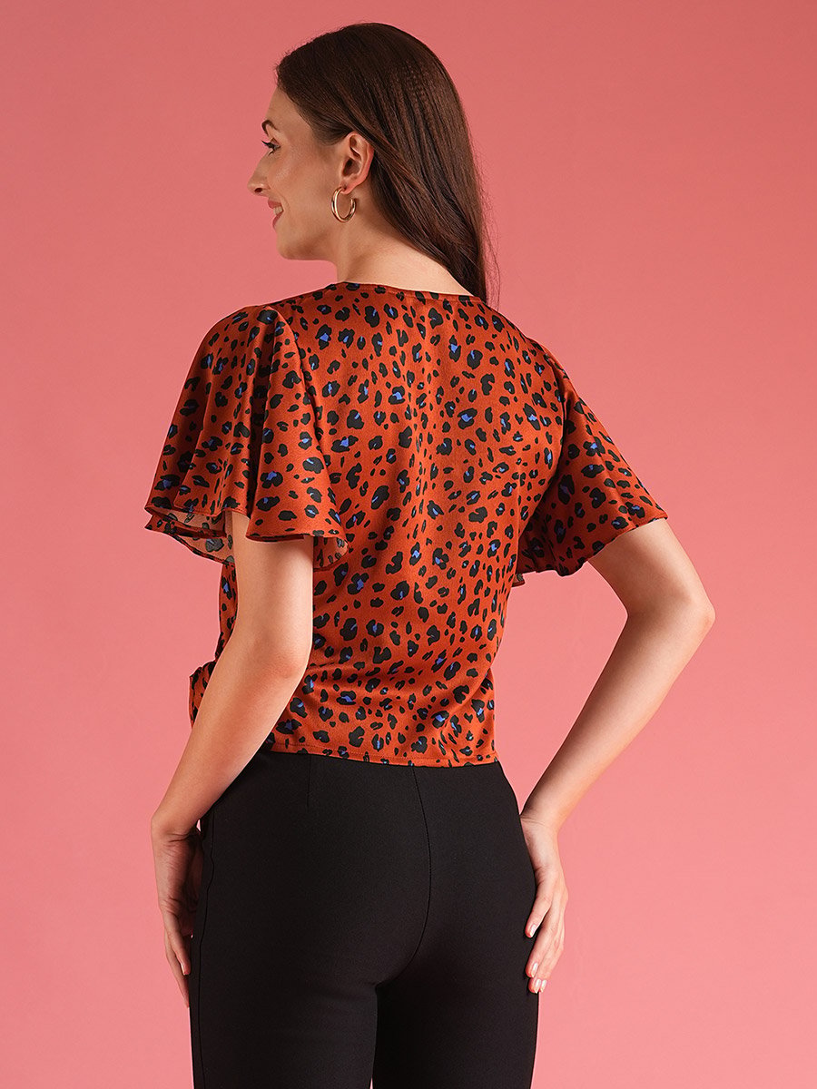 Women Brown Animal Print Flared Sleeves Wrap Top