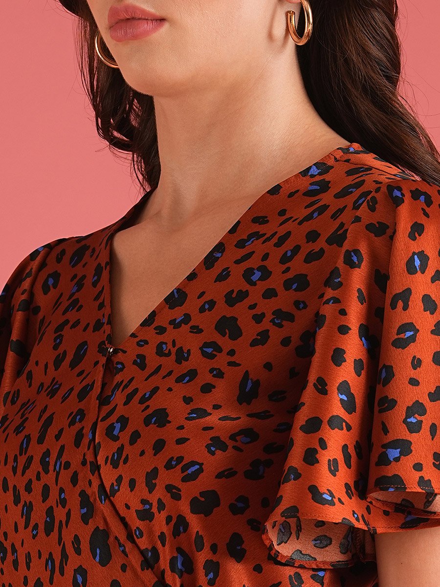 Women Brown Animal Print Flared Sleeves Wrap Top