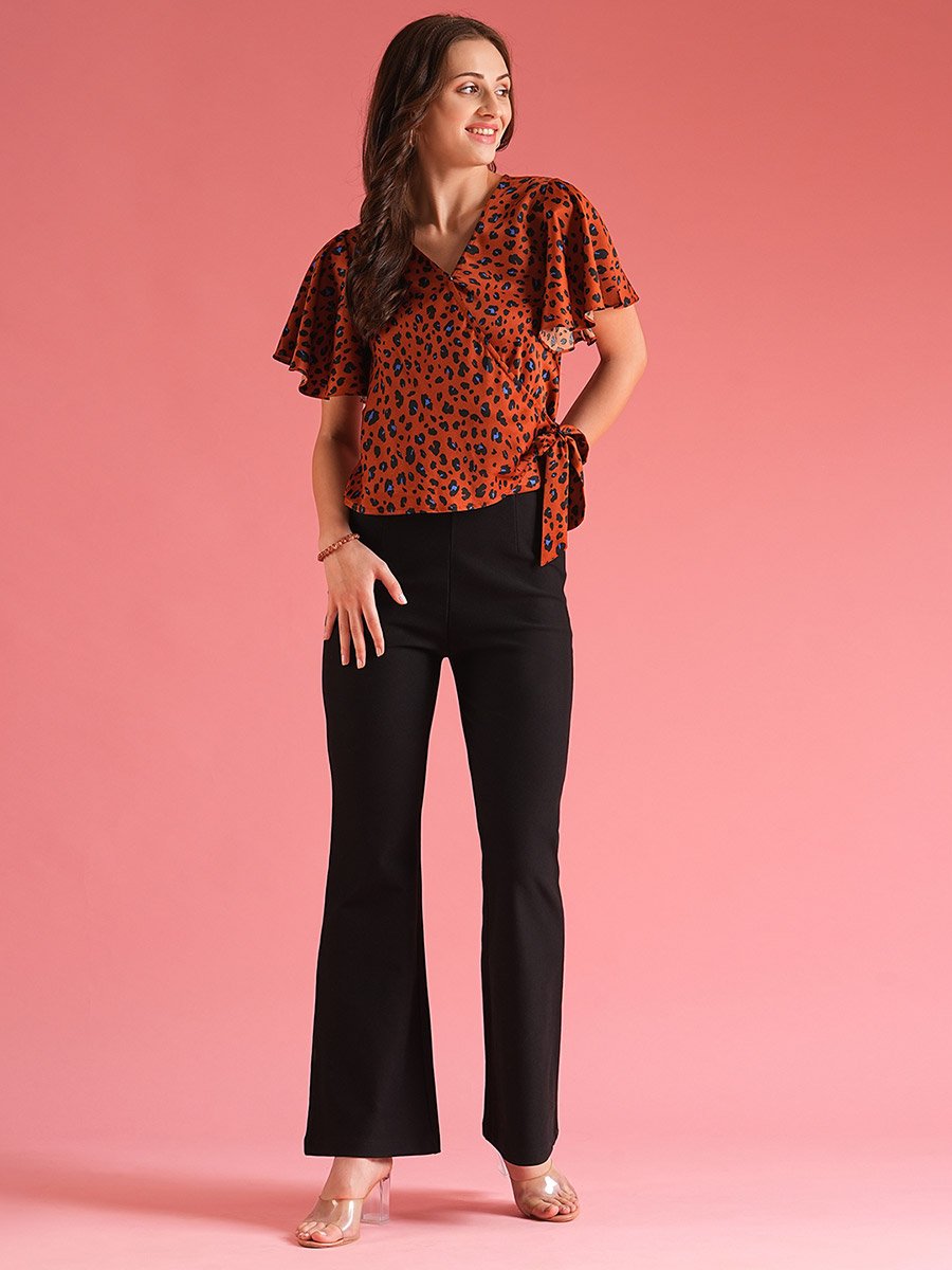 Women Brown Animal Print Flared Sleeves Wrap Top