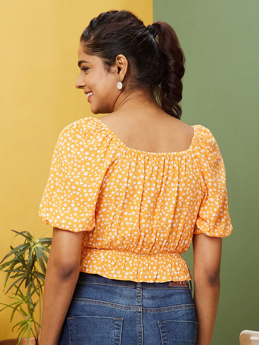 Floral Printed Square Neck Smocked Crop Top