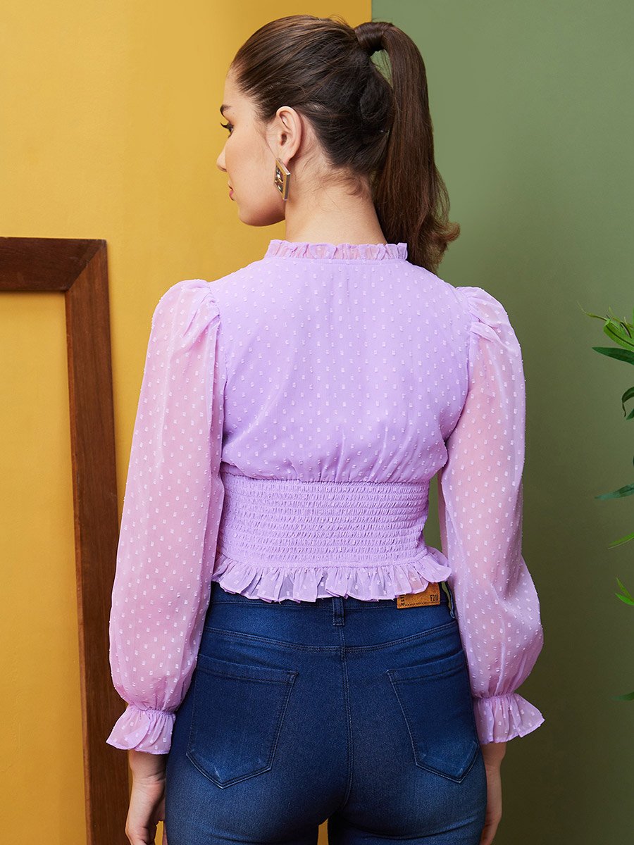 Women Dobby Ruffled V Neck Crop Top