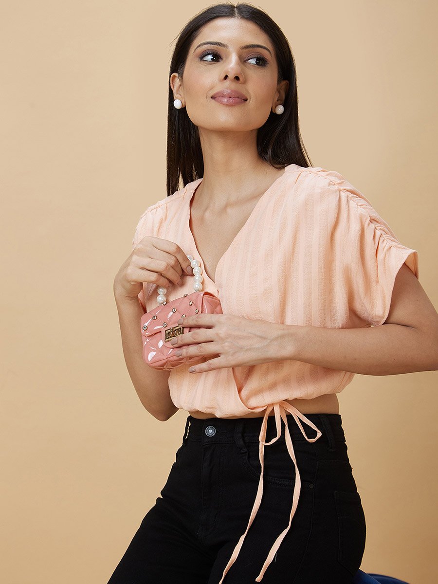 Stiped Ruched Sleeve Waist Tie-Up Crop Top