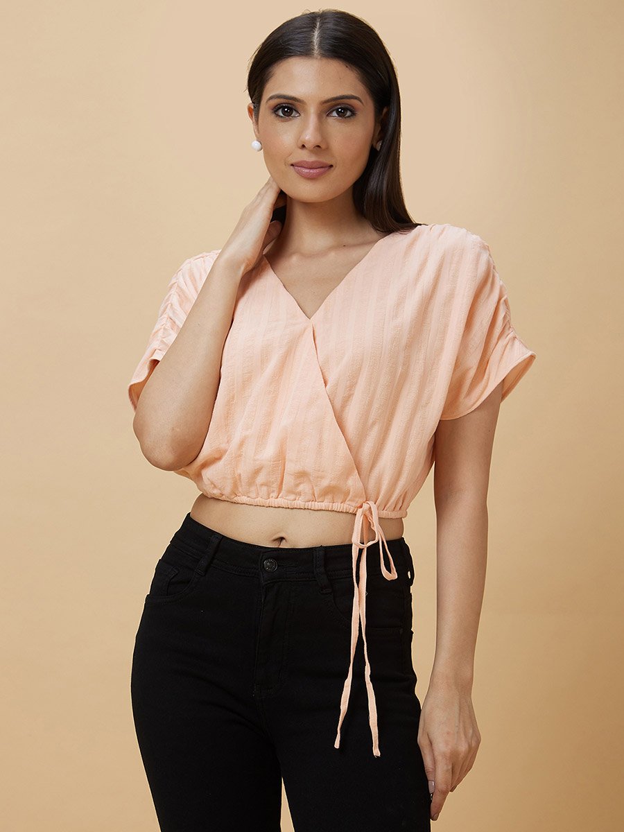 Stiped Ruched Sleeve Waist Tie-Up Crop Top