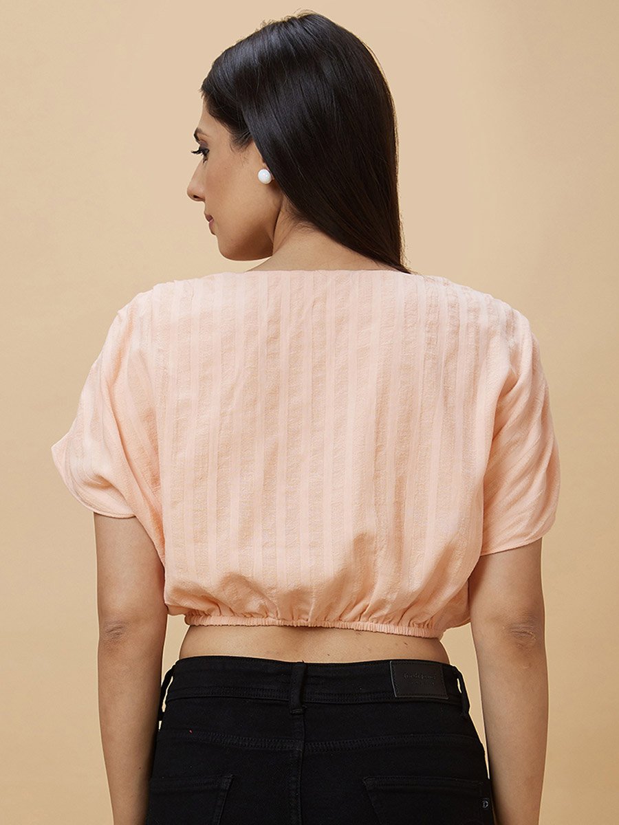 Stiped Ruched Sleeve Waist Tie-Up Crop Top