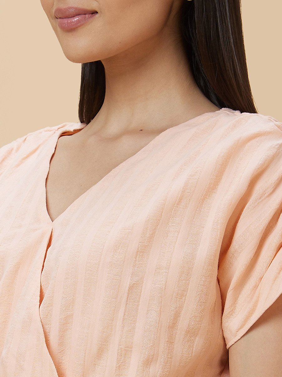 Stiped Ruched Sleeve Waist Tie-Up Crop Top