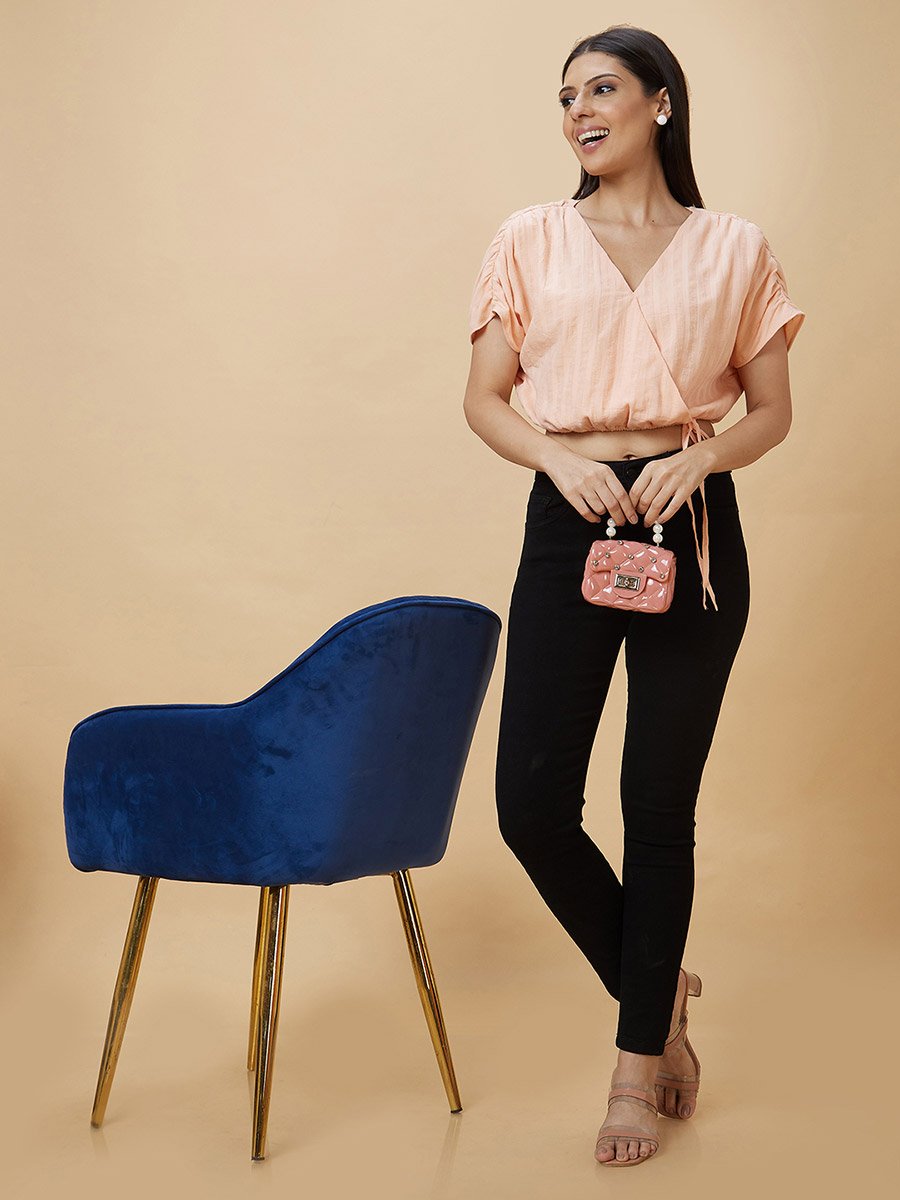 Stiped Ruched Sleeve Waist Tie-Up Crop Top