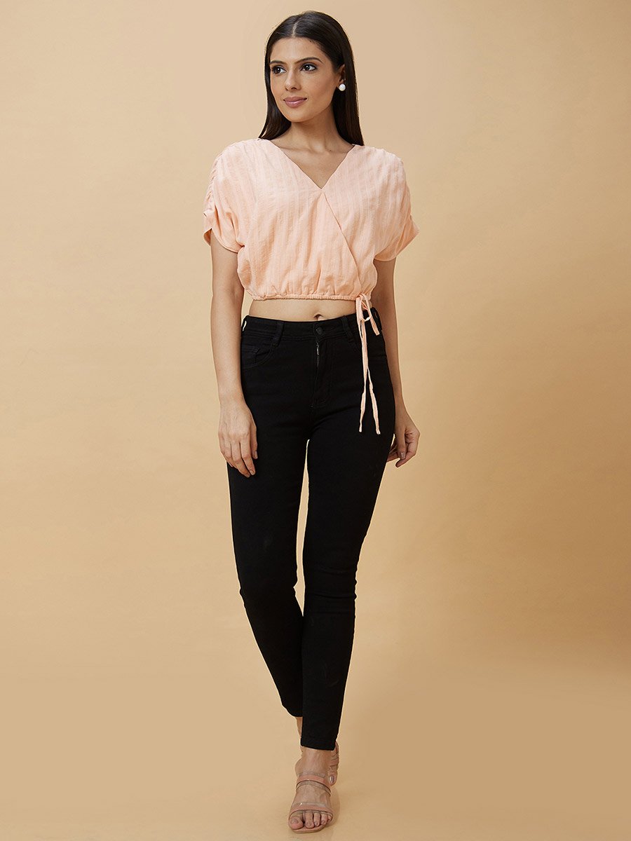 Stiped Ruched Sleeve Waist Tie-Up Crop Top