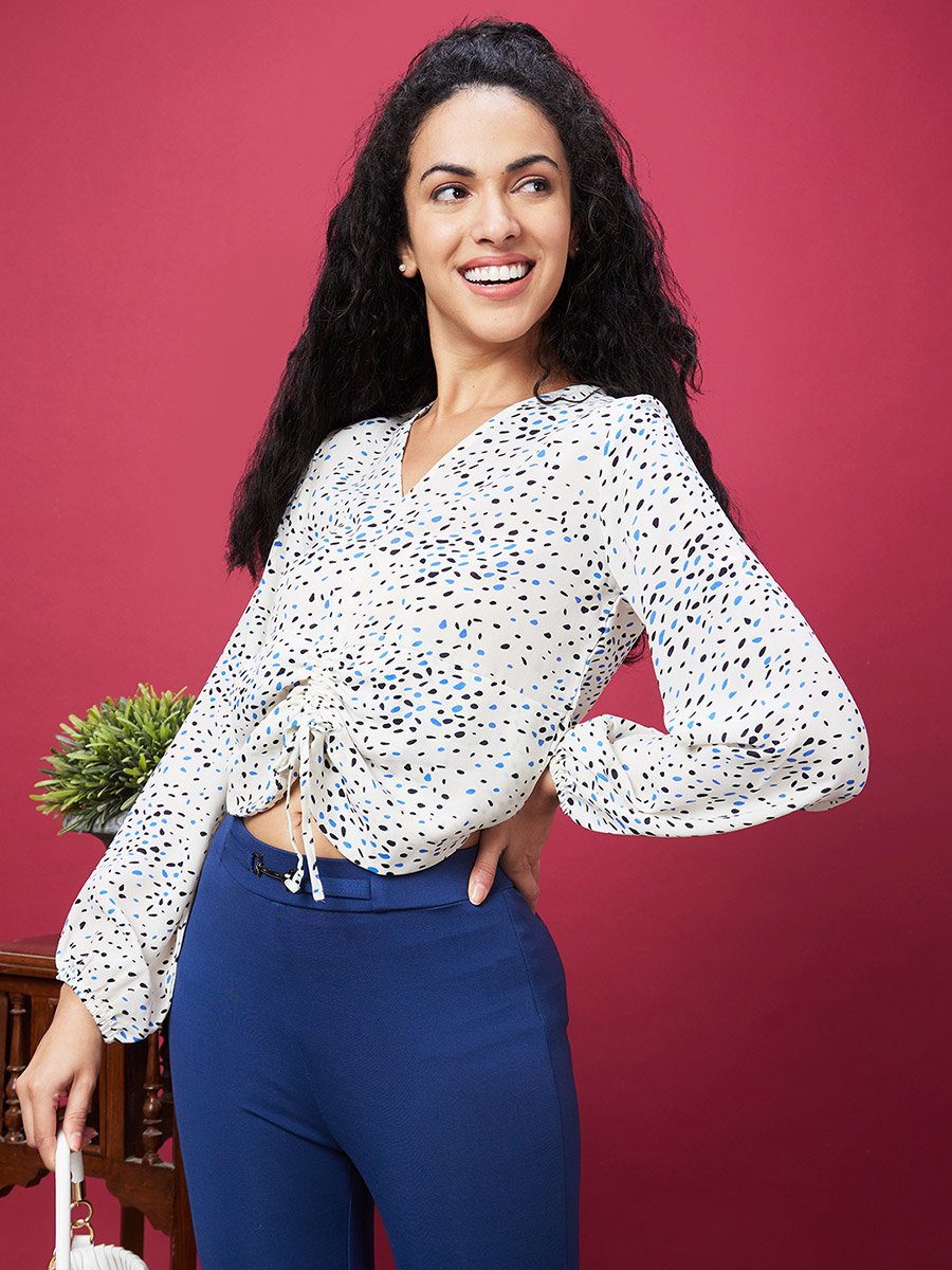Printed V-Neck Ruched Detail Crop Top