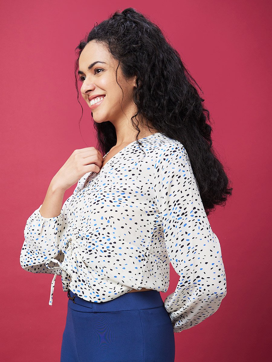 Printed V-Neck Ruched Detail Crop Top