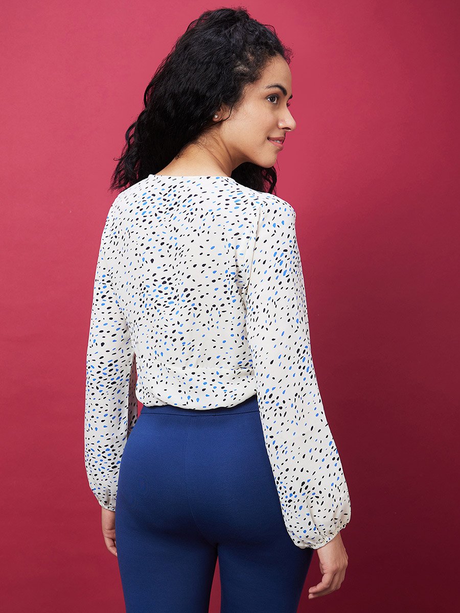Printed V-Neck Ruched Detail Crop Top