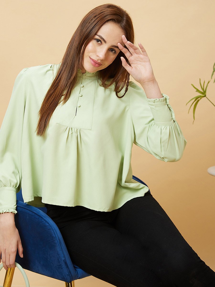 Mandarin Collar Cuffed Sleeves Buttoned Top