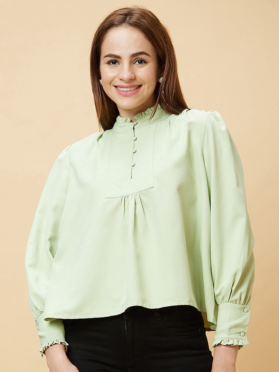 Mandarin Collar Cuffed Sleeves Buttoned Top