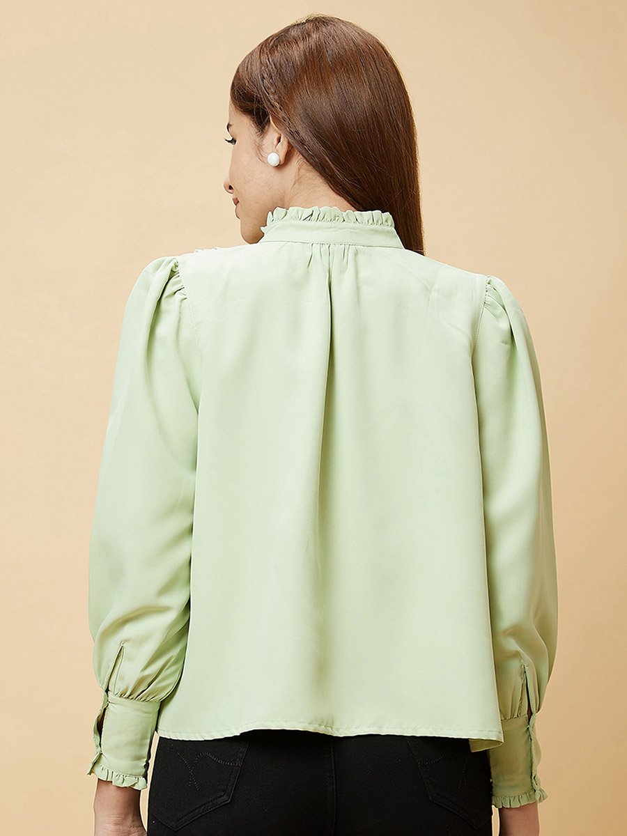 Mandarin Collar Cuffed Sleeves Buttoned Top