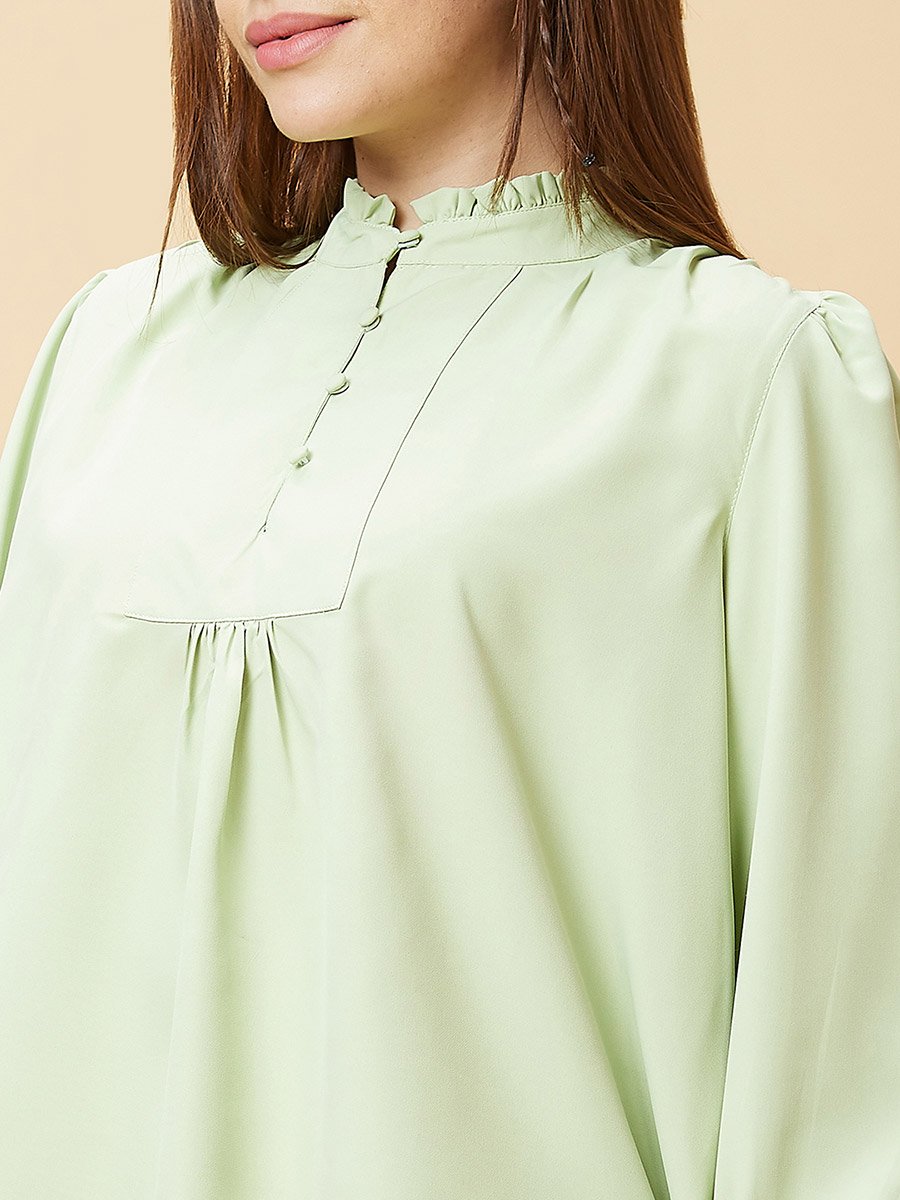 Mandarin Collar Cuffed Sleeves Buttoned Top