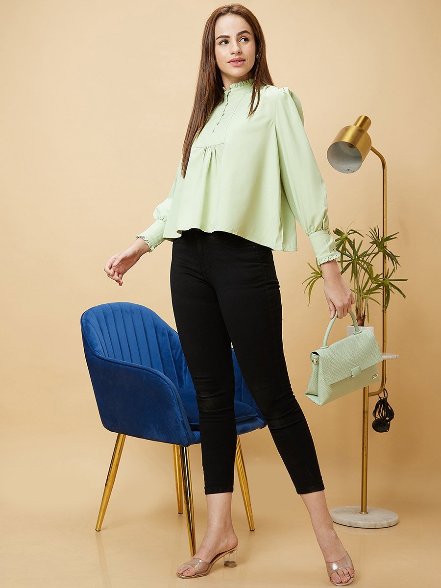 Mandarin Collar Cuffed Sleeves Buttoned Top