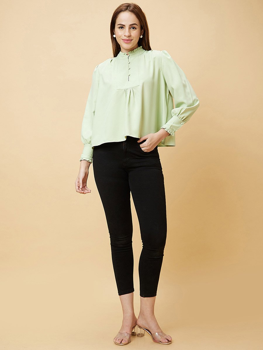 Mandarin Collar Cuffed Sleeves Buttoned Top