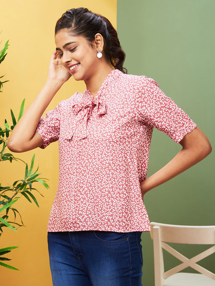 Printed Tie-Up Neck Short Sleeve Top