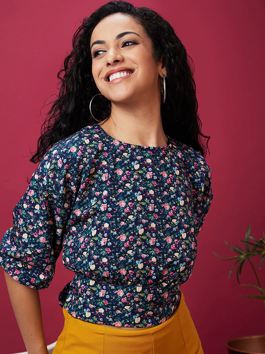 Floral Print Back Tie Up Detail Crop Top