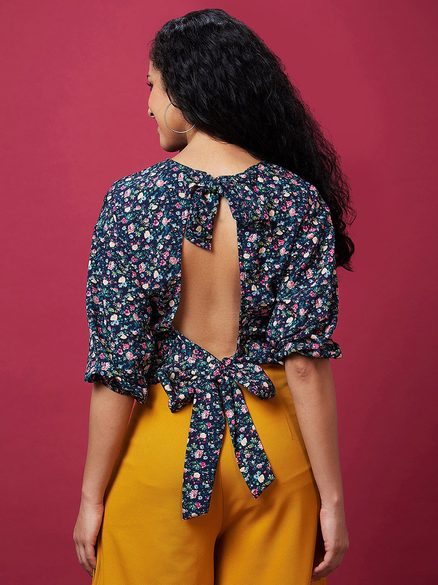 Floral Print Back Tie Up Detail Crop Top
