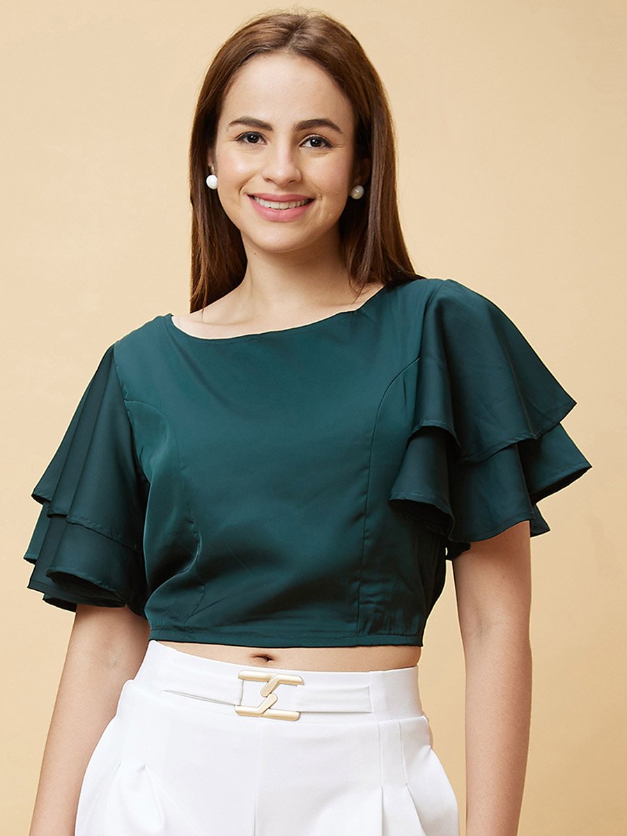 Solid Layered Flared Sleeve Cropped Top