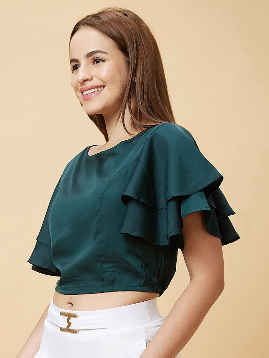 Solid Layered Flared Sleeve Cropped Top
